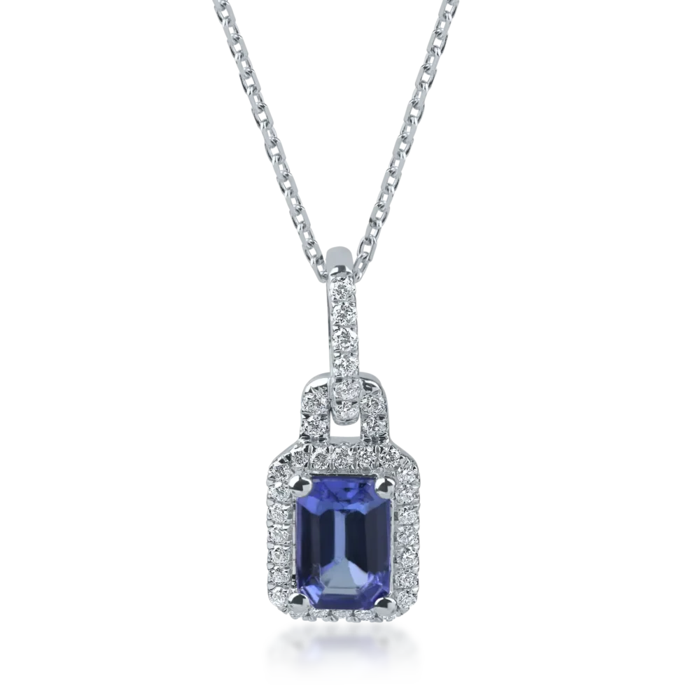 Lant din aur alb cu pandantiv tanzanit de 0.9ct si diamante de 0.1ct