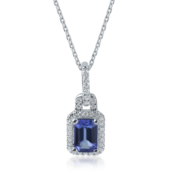 Lant din aur alb cu pandantiv tanzanit de 0.9ct si diamante de 0.1ct