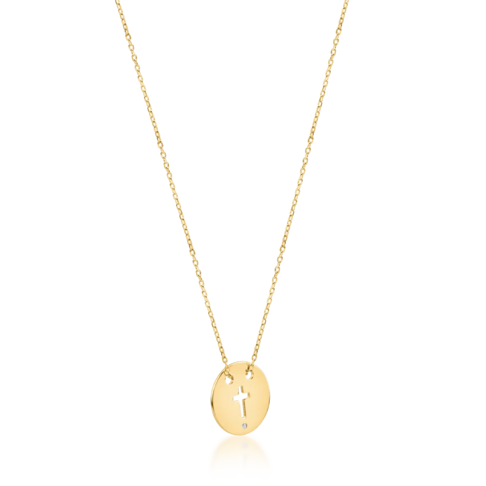 Lant din aur galben cu pandantiv banut cu cruce cu un diamant de 0.005ct - imagine 2