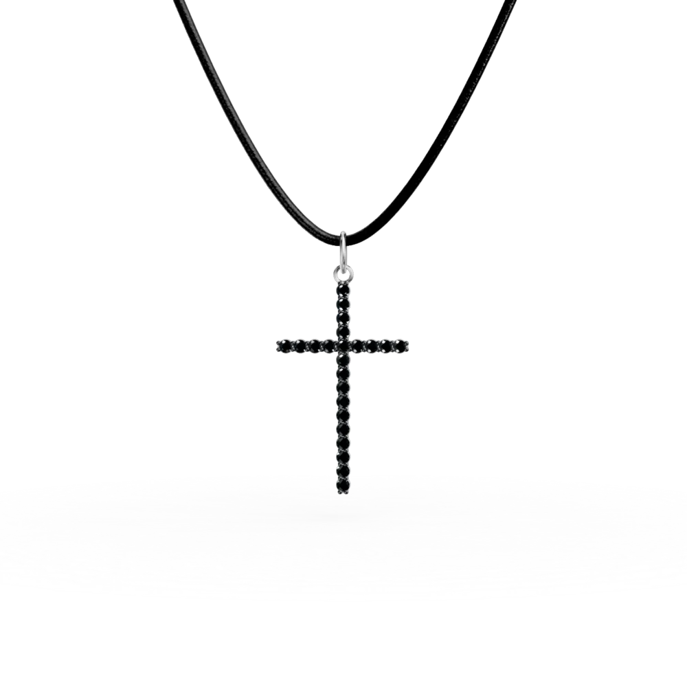 Lant piele cu pandantiv cruce din aur alb cu diamante negre de 0.2ct