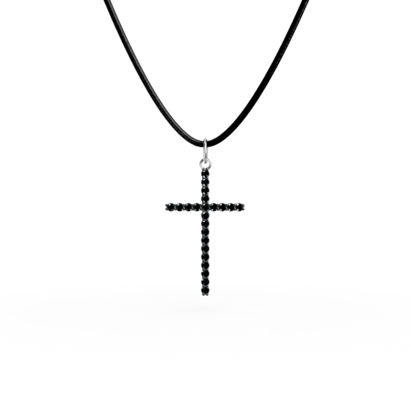 Lant piele cu pandantiv cruce din aur alb cu diamante negre de 0.2ct