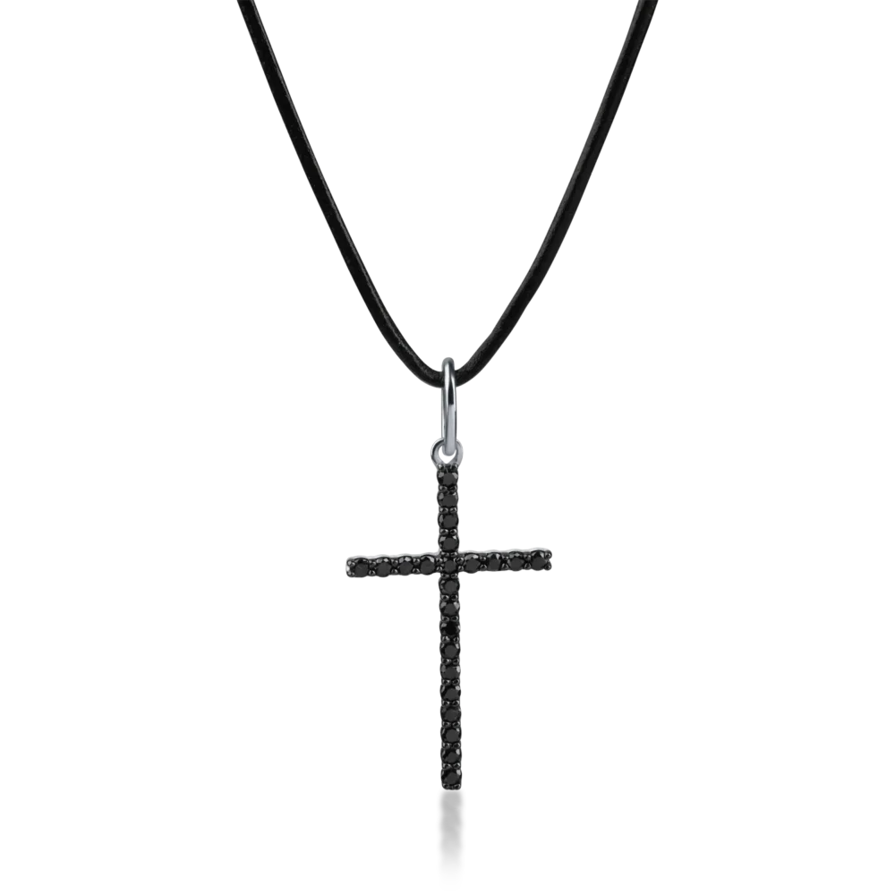 Lant textil cu pandantiv cruce din aur alb cu diamante negre de 0.9ct pentru barbati