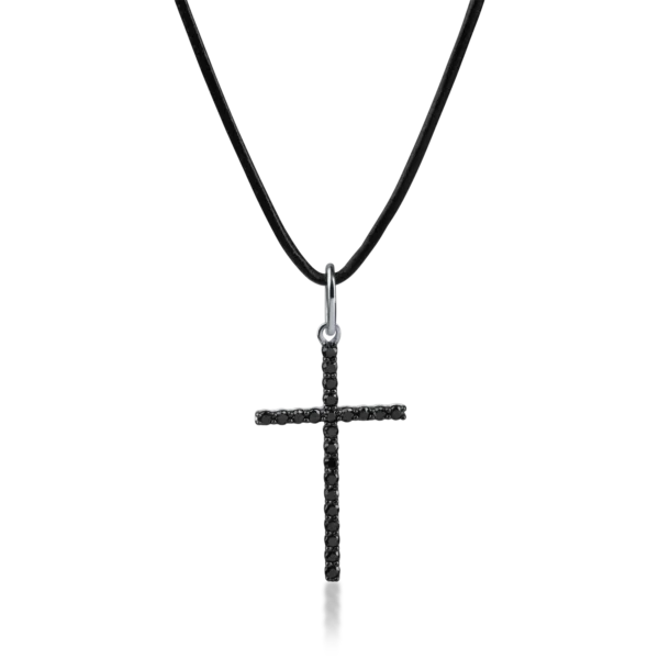 Lant textil cu pandantiv cruce din aur alb cu diamante negre de 0.9ct pentru barbati