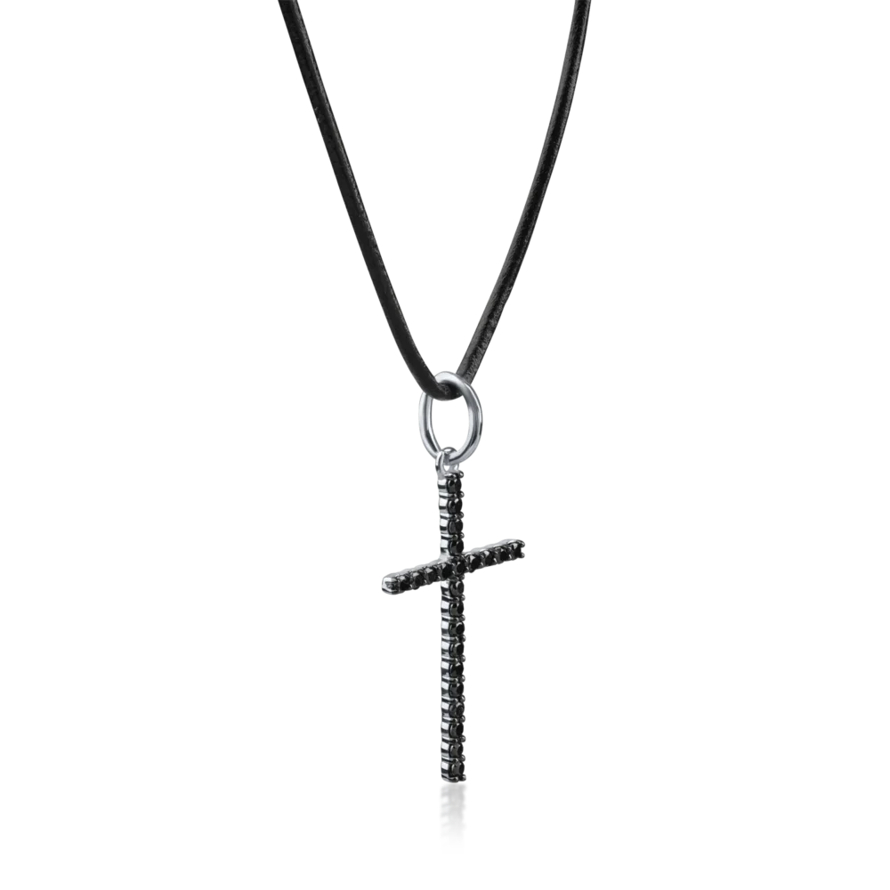 Lant textil cu pandantiv cruce din aur alb cu diamante negre de 0.9ct pentru barbati - imagine 2