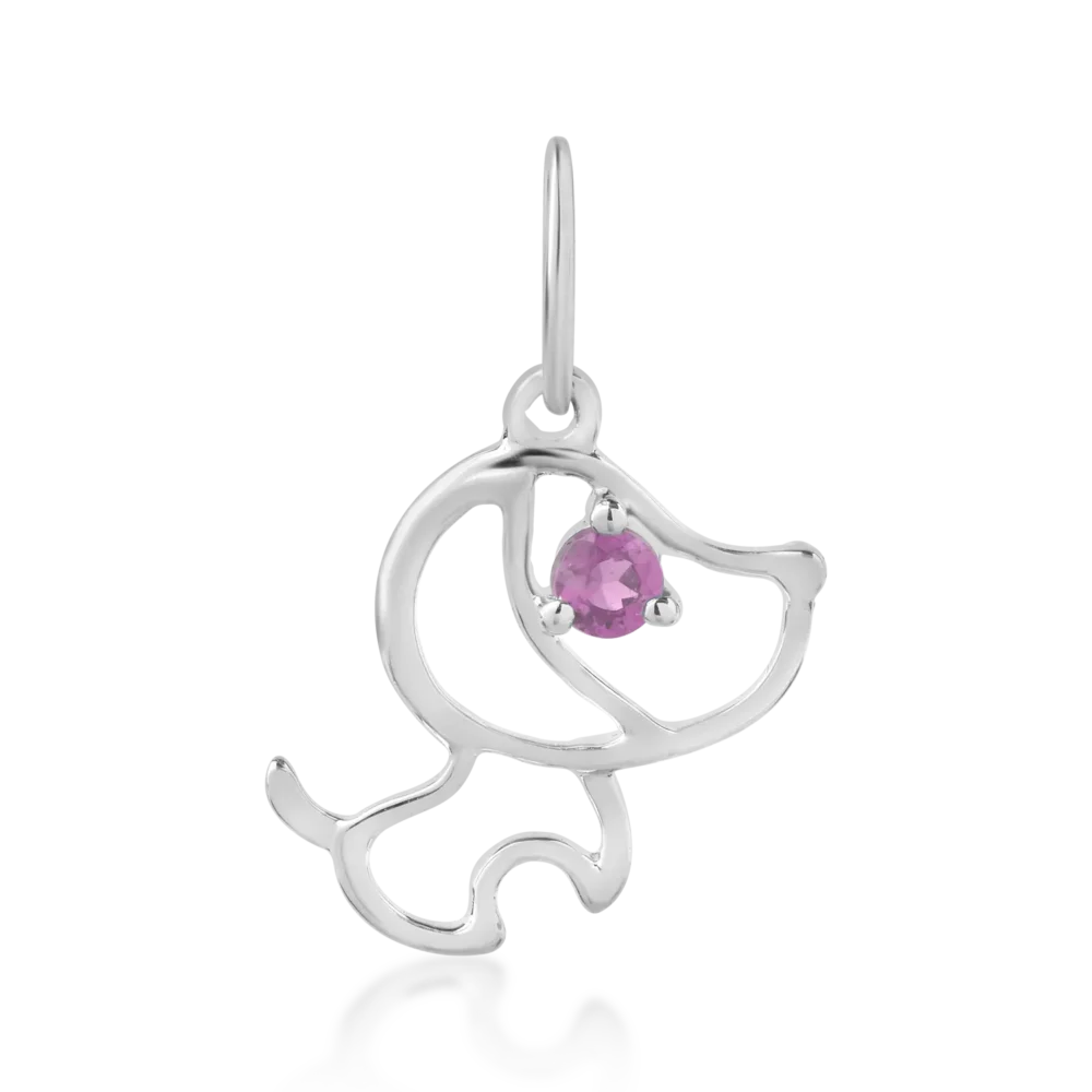 Pandantiv catelus pentru copii din aur alb cu safir roz de 0.05ct