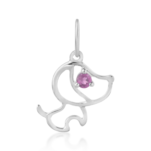 Pandantiv catelus pentru copii din aur alb cu safir roz de 0.05ct