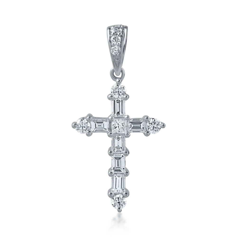Pandantiv cruce din aur alb cu diamante baguette, princess si rotunde de 0.4ct