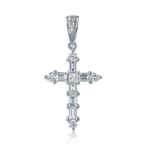 Pandantiv cruce din aur alb cu diamante baguette, princess si rotunde de 0.4ct