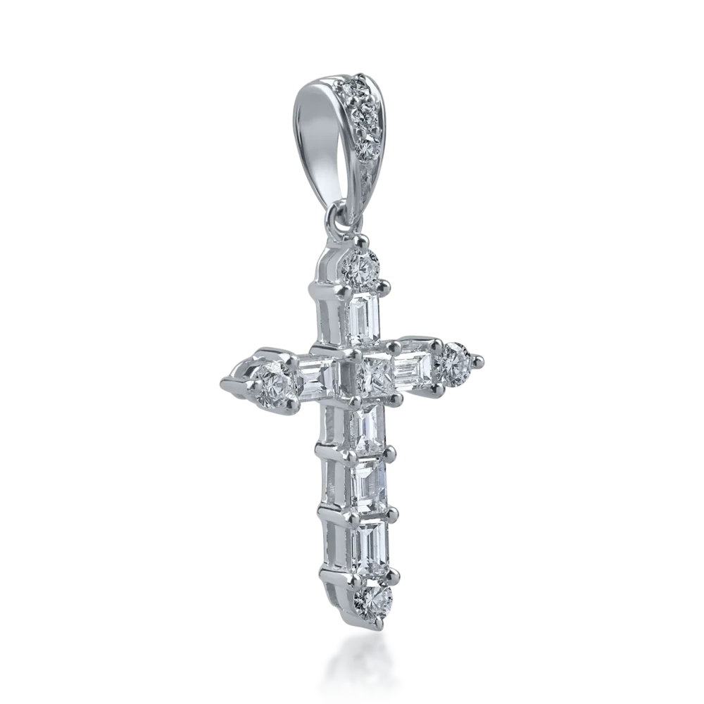 Pandantiv cruce din aur alb cu diamante baguette, princess si rotunde de 0.4ct - imagine 2