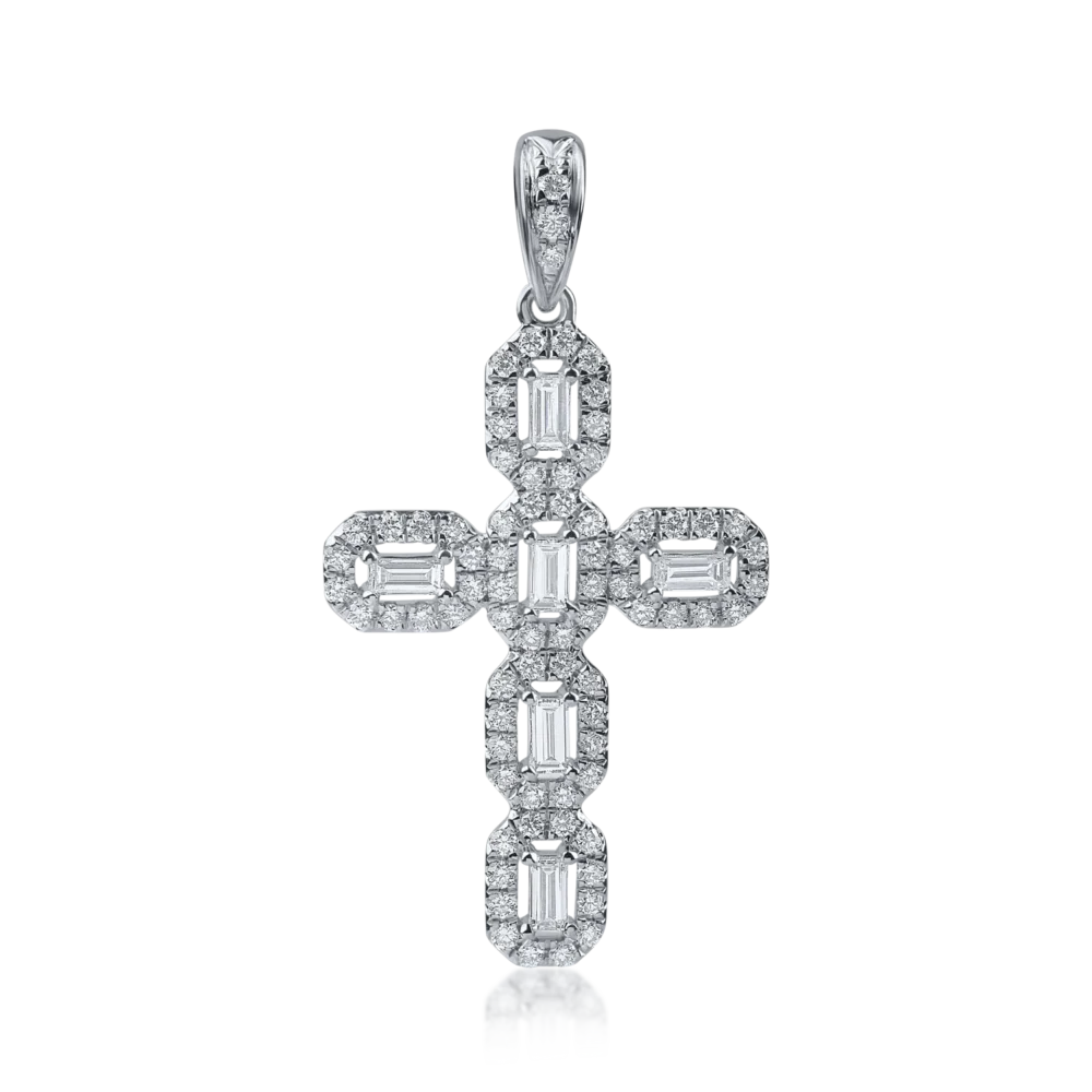 Pandantiv cruce din aur alb cu diamante baguette si rotunde de 0.5ct