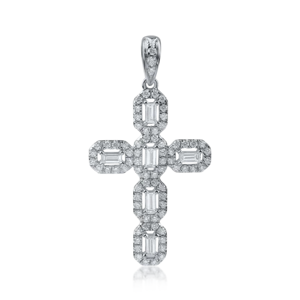 Pandantiv cruce din aur alb cu diamante baguette si rotunde de 0.5ct