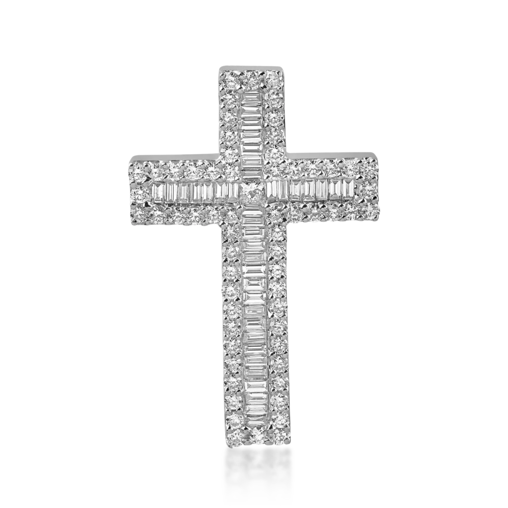 Pandantiv cruce din aur alb cu diamante baguette, princess si rotunde de 1.2ct