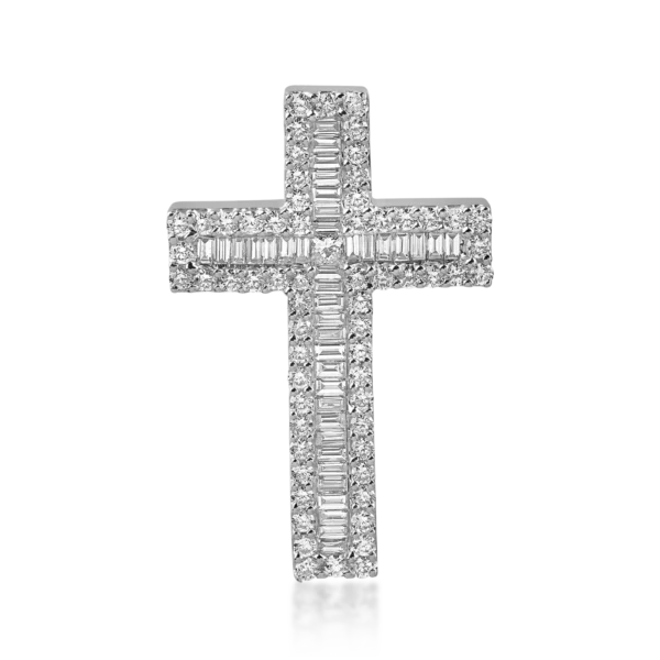 Pandantiv cruce din aur alb cu diamante baguette, princess si rotunde de 1.2ct