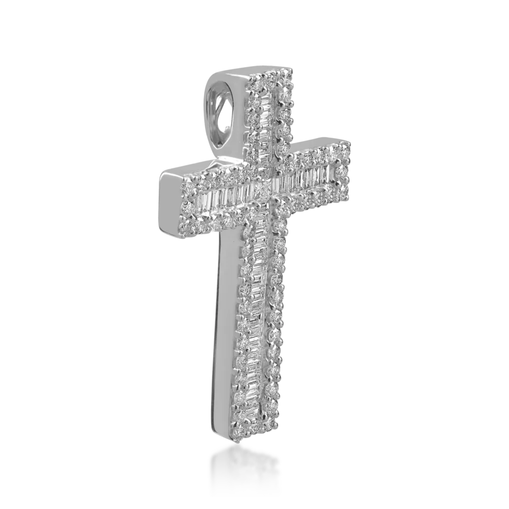 Pandantiv cruce din aur alb cu diamante baguette, princess si rotunde de 1.2ct - imagine 2