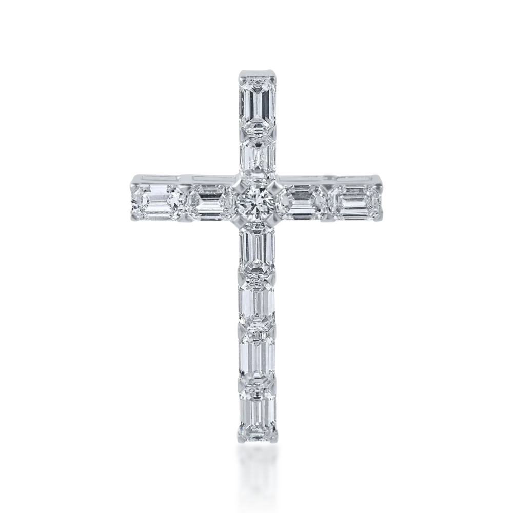 Pandantiv cruce din aur alb cu diamante baguette si rotunde de 1.9ct