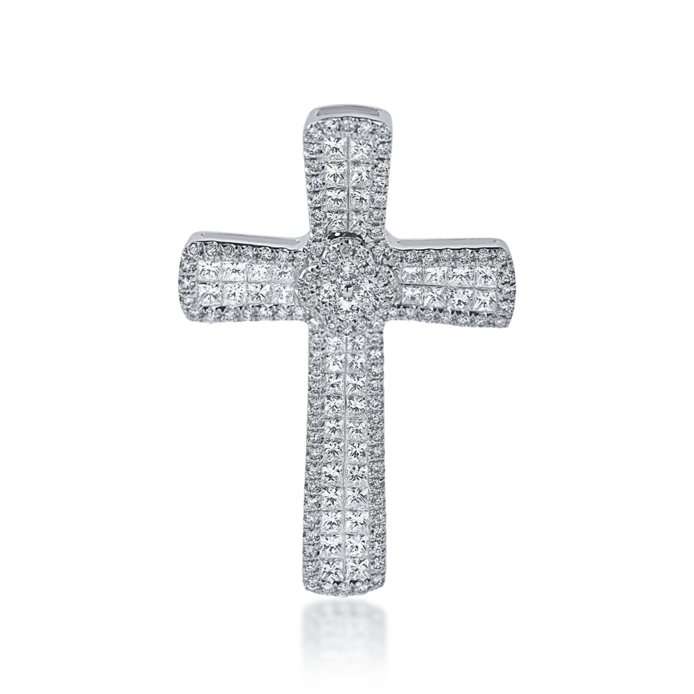 Pandantiv cruce din aur alb cu diamante princess si rotunde de 2ct
