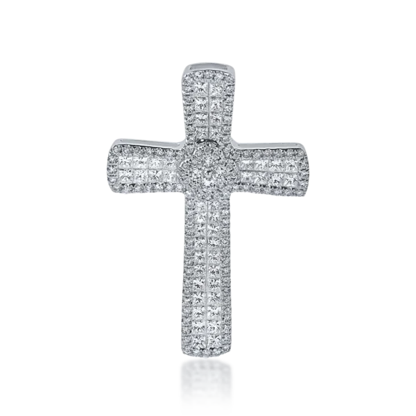 Pandantiv cruce din aur alb cu diamante princess si rotunde de 2ct