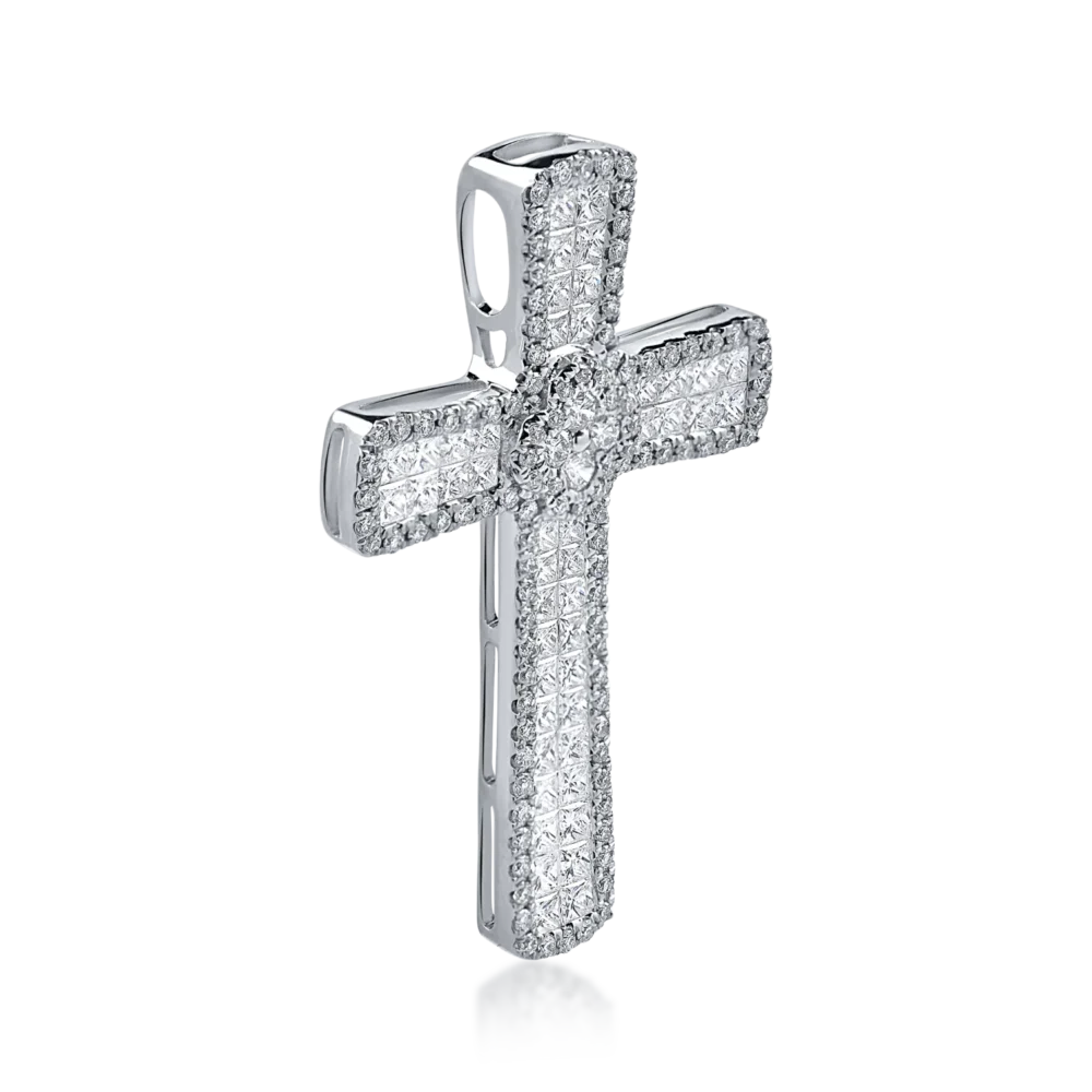 Pandantiv cruce din aur alb cu diamante princess si rotunde de 2ct - imagine 2