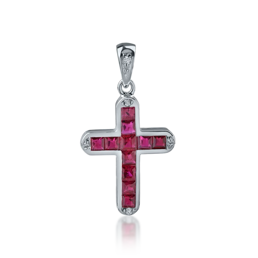 Pandantiv cruce din aur alb cu rubine princess de 0.77ct si diamante de 0.03ct