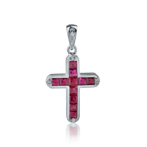 Pandantiv cruce din aur alb cu rubine princess de 0.77ct si diamante de 0.03ct
