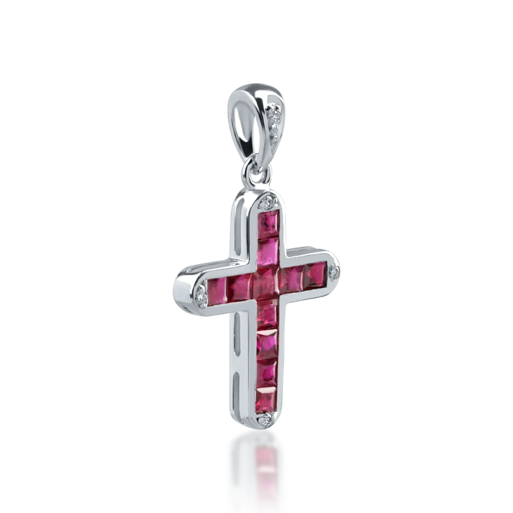 Pandantiv cruce din aur alb cu rubine princess de 0.77ct si diamante de 0.03ct - imagine 2