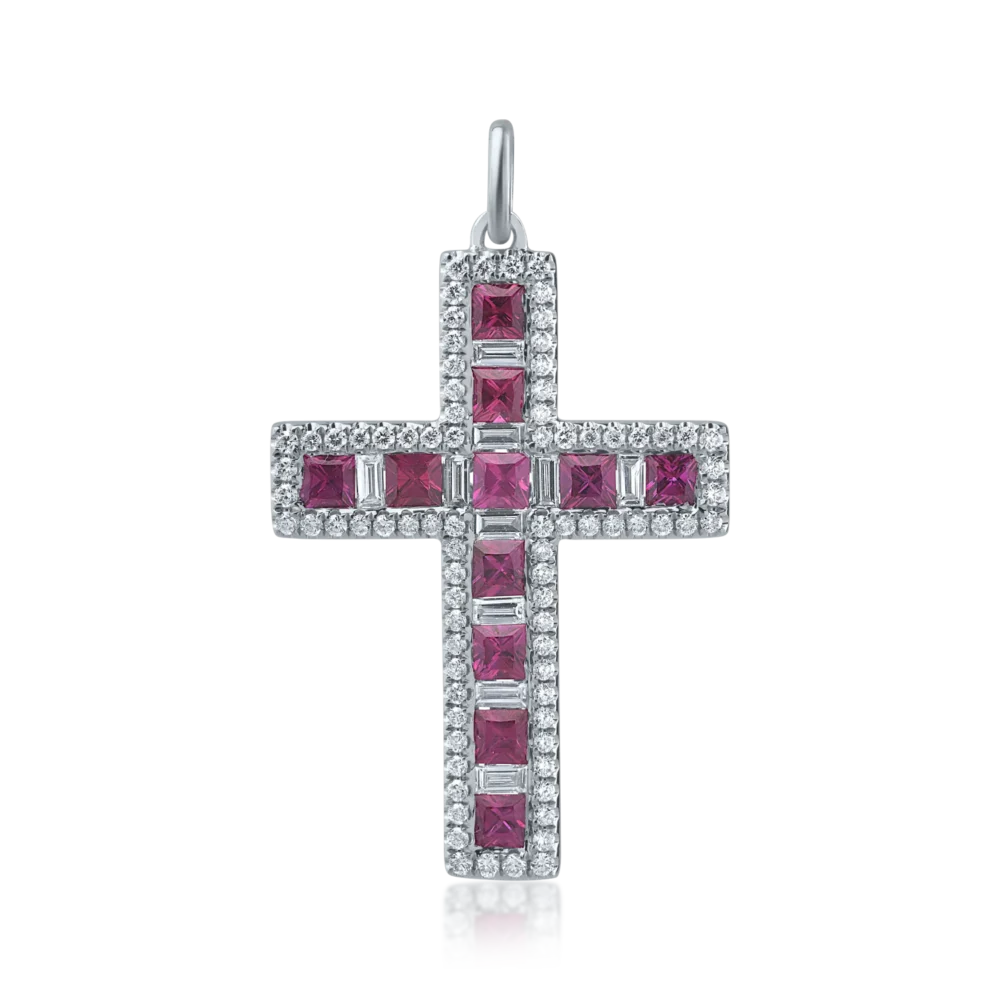 Pandantiv cruce din aur alb cu rubine princess de 1.03ct si diamante baguette si rotunde de 0.55ct