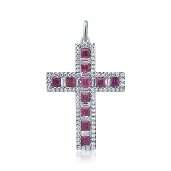 Pandantiv cruce din aur alb cu rubine princess de 1.03ct si diamante baguette si rotunde de 0.55ct