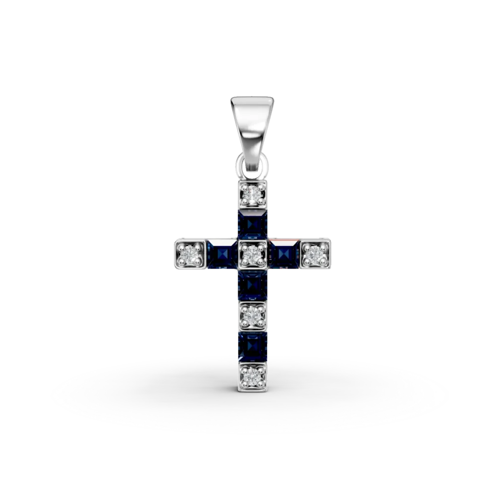 Pandantiv cruce din aur alb cu safire square de 0.29ct si diamante de 0.04ct
