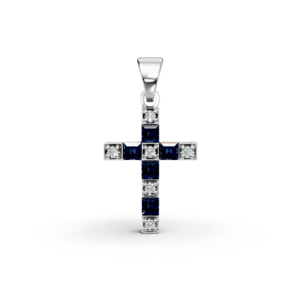 Pandantiv cruce din aur alb cu safire square de 0.29ct si diamante de 0.04ct
