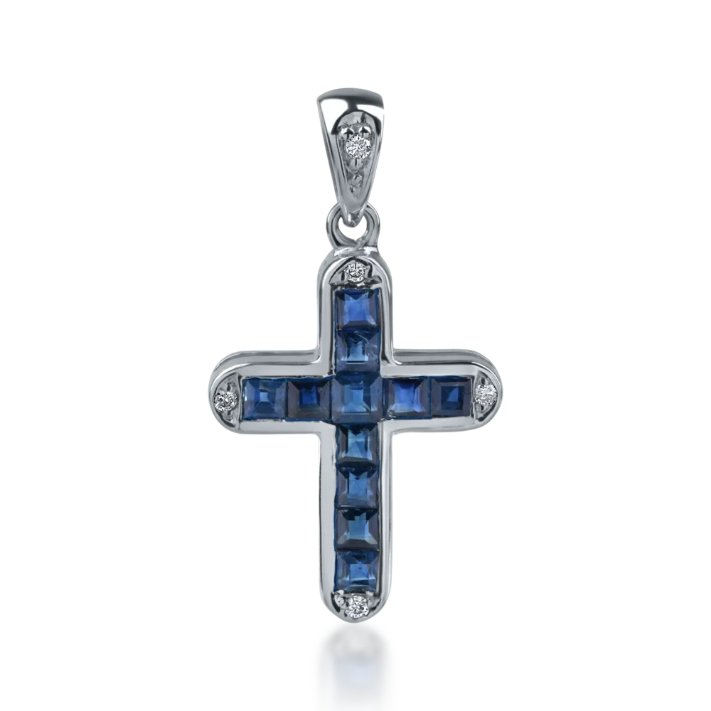 Pandantiv cruce din aur alb cu safire rectangulare de 0.6ct si diamante de 0.03ct