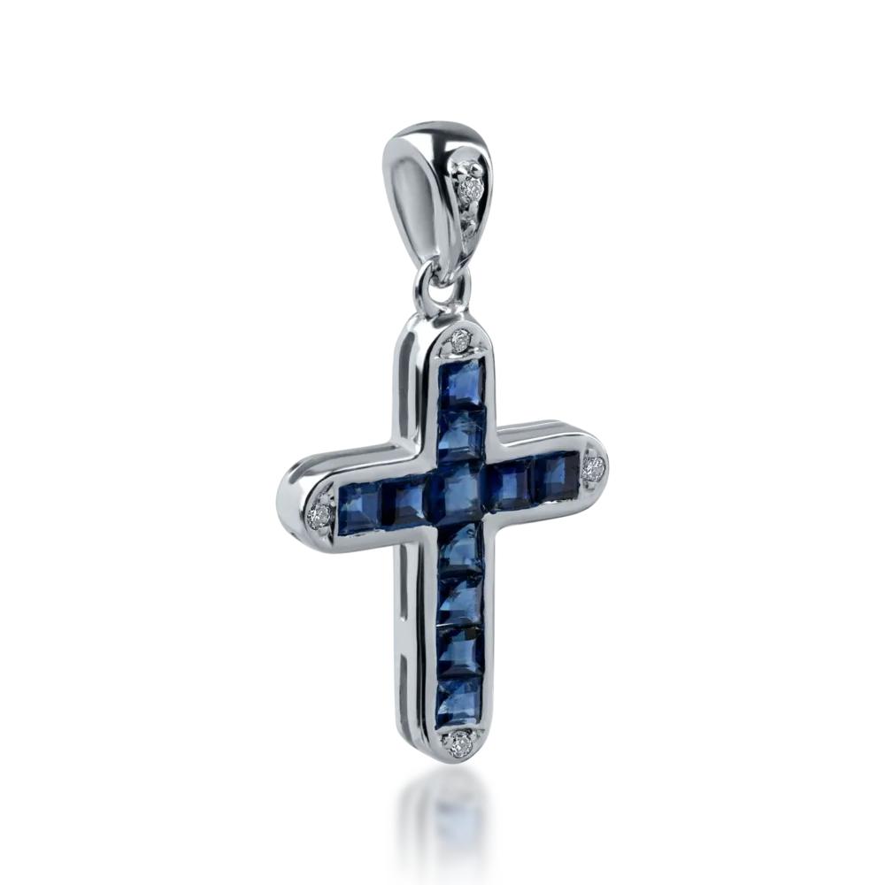 Pandantiv cruce din aur alb cu safire rectangulare de 0.6ct si diamante de 0.03ct - imagine 2
