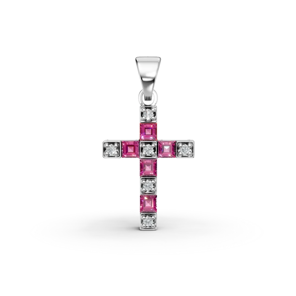 Pandantiv cruce din aur alb cu rubine rectangulare de 0.26ct si diamante de 0.04ct
