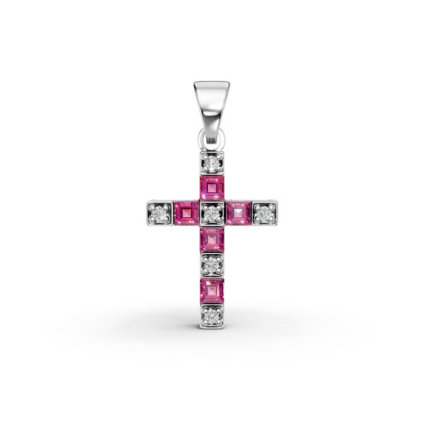 Pandantiv cruce din aur alb cu rubine rectangulare de 0.26ct si diamante de 0.04ct
