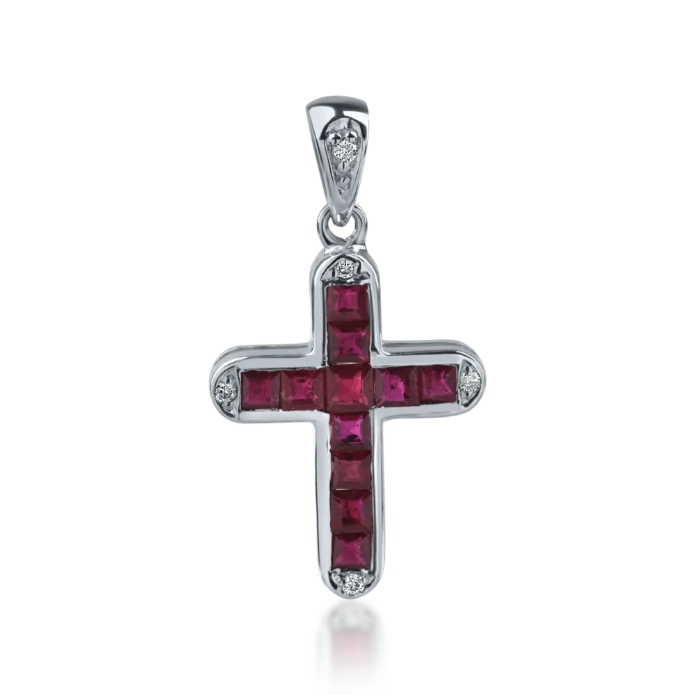 Pandantiv cruce din aur alb cu rubine square de 0.66ct si diamante de 0.03ct