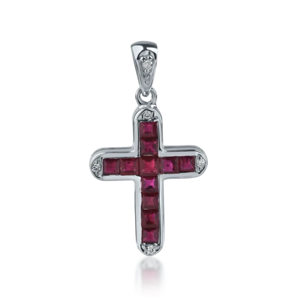 Pandantiv cruce din aur alb cu rubine square de 0.66ct si diamante de 0.03ct