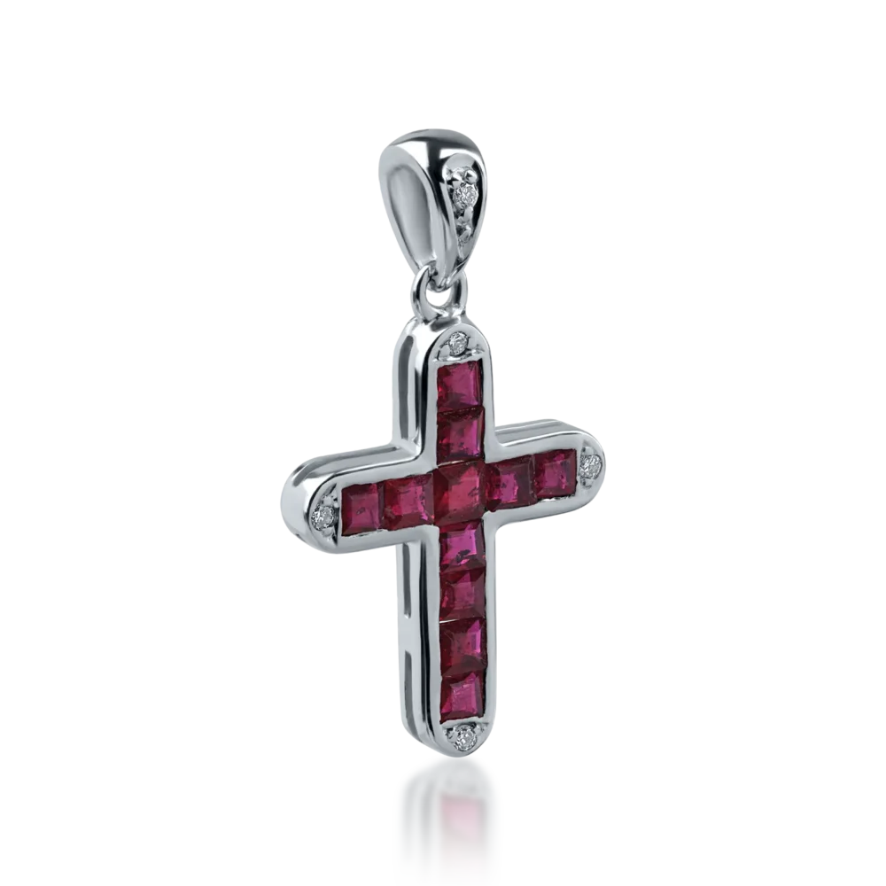 Pandantiv cruce din aur alb cu rubine square de 0.66ct si diamante de 0.03ct - imagine 2