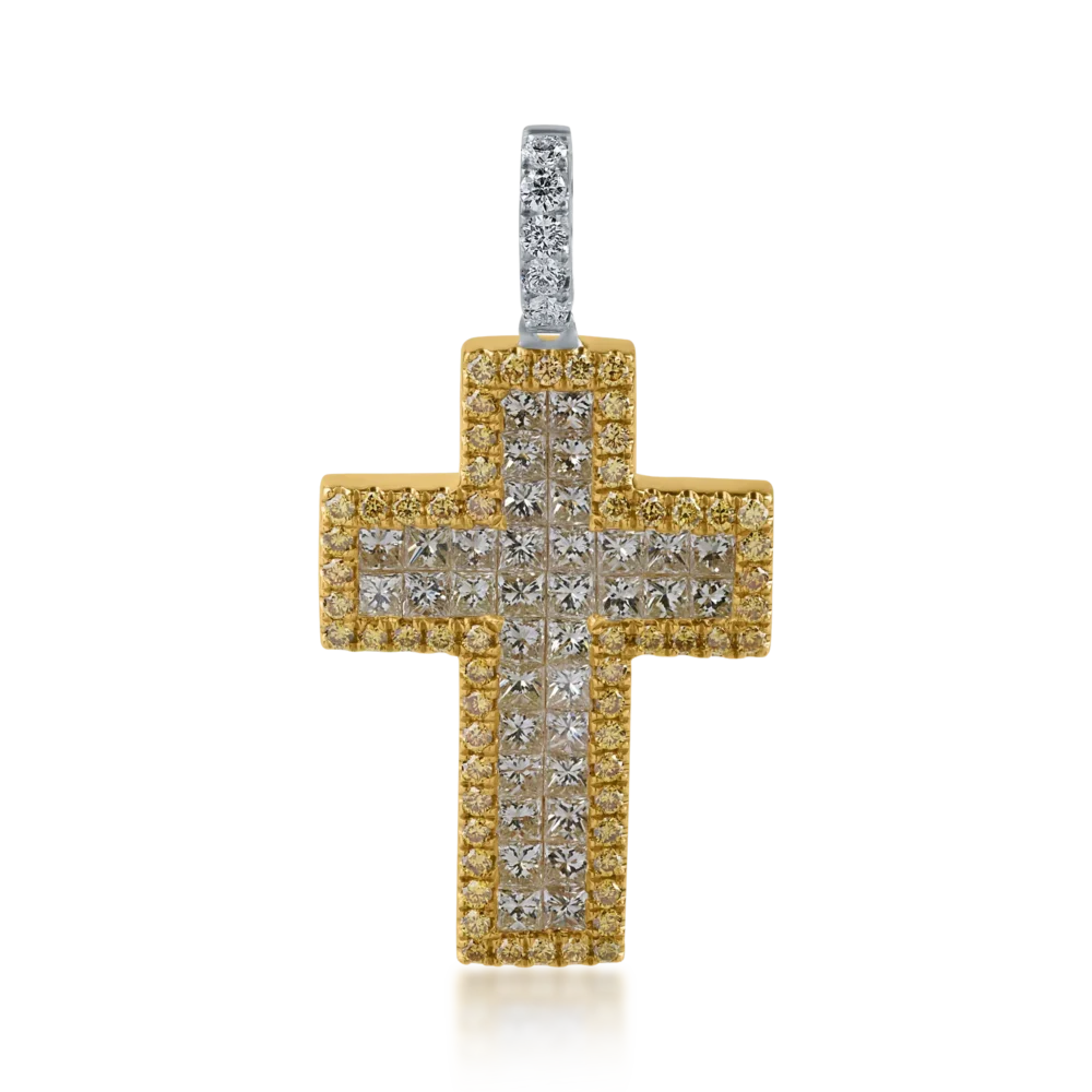 Pandantiv cruce din aur alb-galben cu diamante galbene princess si rotunde de 1.69ct si diamante incolore de 0.1ct