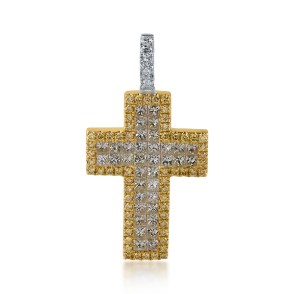 Pandantiv cruce din aur alb-galben cu diamante galbene princess si rotunde de 1.69ct si diamante incolore de 0.1ct