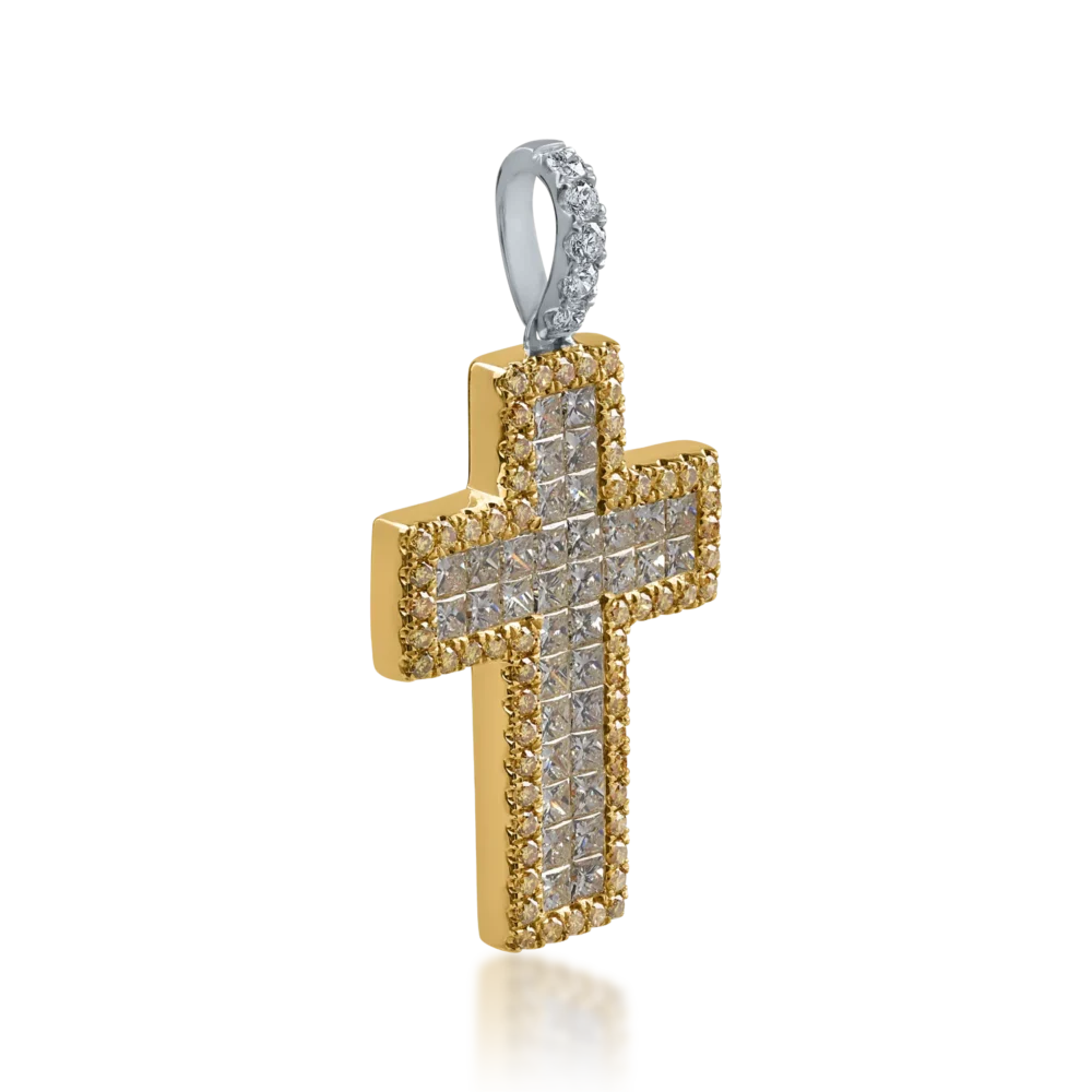 Pandantiv cruce din aur alb-galben cu diamante galbene princess si rotunde de 1.69ct si diamante incolore de 0.1ct - imagine 2