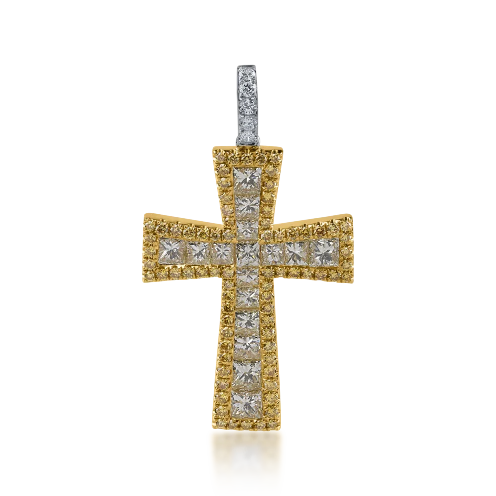 Pandantiv cruce din aur alb-galben cu diamante galbene princess si rotunde de 2.5ct si diamante incolore de 0.08ct