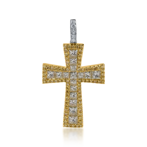 Pandantiv cruce din aur alb-galben cu diamante galbene princess si rotunde de 2.5ct si diamante incolore de 0.08ct