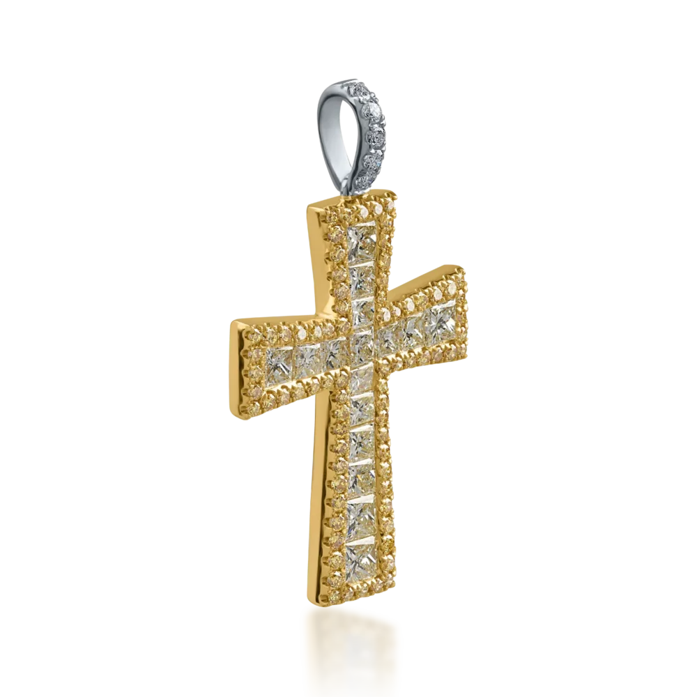 Pandantiv cruce din aur alb-galben cu diamante galbene princess si rotunde de 2.5ct si diamante incolore de 0.08ct - imagine 2