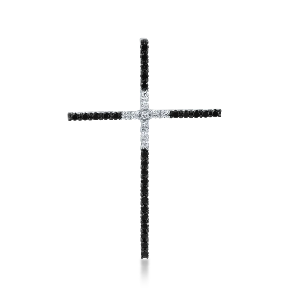 Pandantiv cruce din aur alb-negru cu diamante negre si incolore de 0.5ct