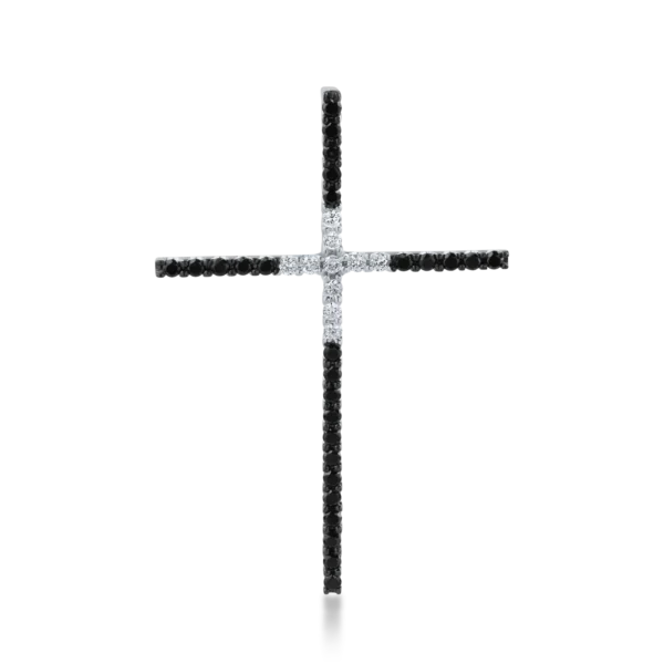 Pandantiv cruce din aur alb-negru cu diamante negre si incolore de 0.5ct