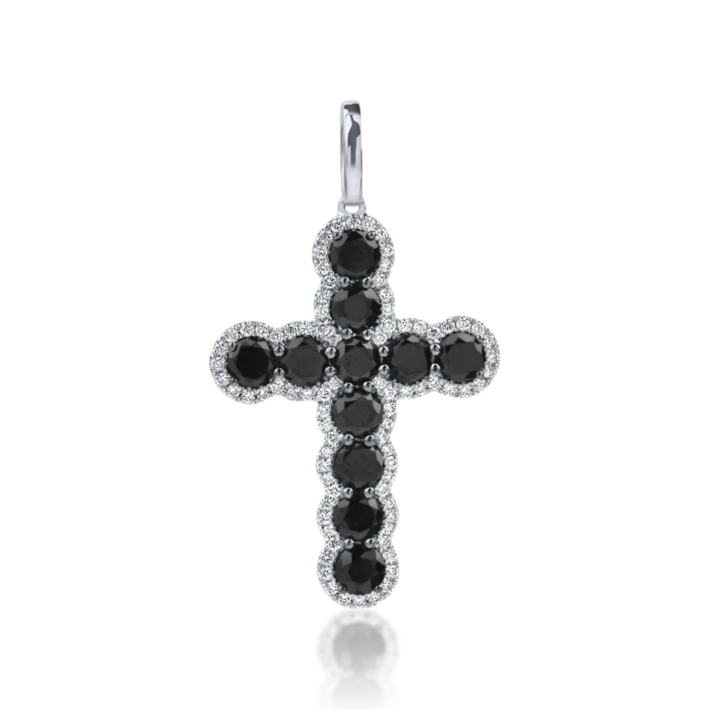 Pandantiv cruce din aur alb-negru cu diamante negre si incolore de 2ct