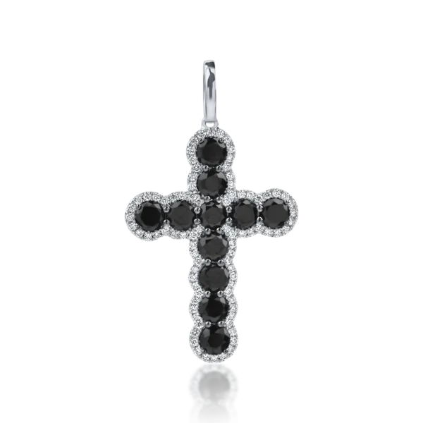Pandantiv cruce din aur alb-negru cu diamante negre si incolore de 2ct