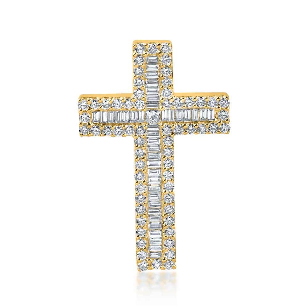 Pandantiv cruce din aur galben cu diamante baguette, princess si rotunde de 1.2ct