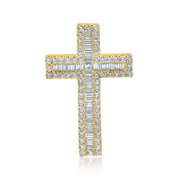 Pandantiv cruce din aur galben cu diamante baguette, princess si rotunde de 1.2ct