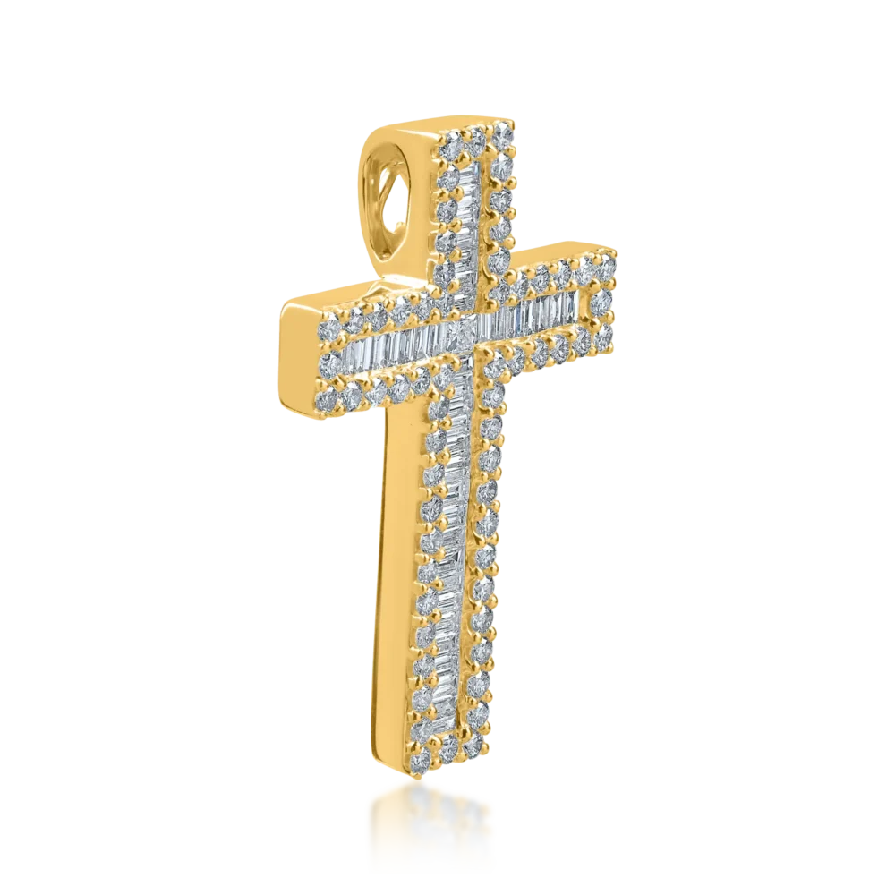 Pandantiv cruce din aur galben cu diamante baguette, princess si rotunde de 1.2ct - imagine 2