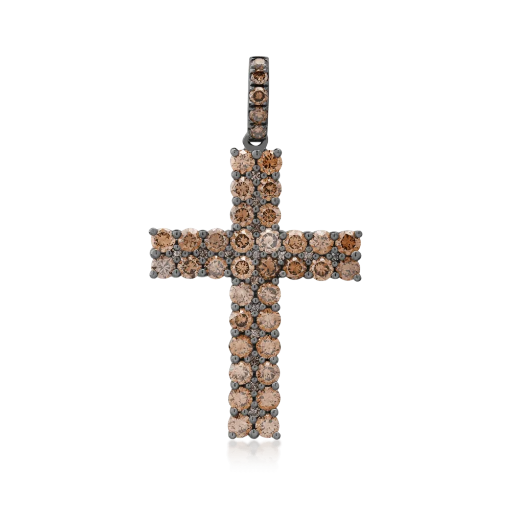 Pandantiv cruce din aur negru cu diamante maro de 1.85ct